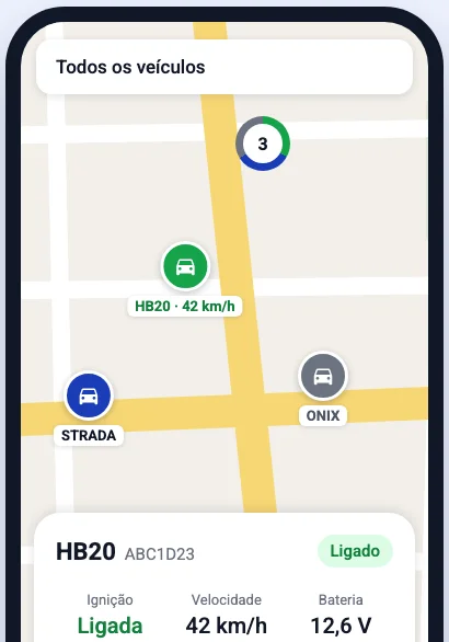 Tela do app AutoGPS com os veículos no mapa